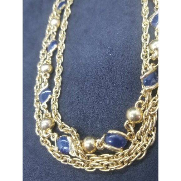 Vintage Triple Strand Necklace Gold Tone Chain Blue and Gold Stations 24" - Picture 4 of 7